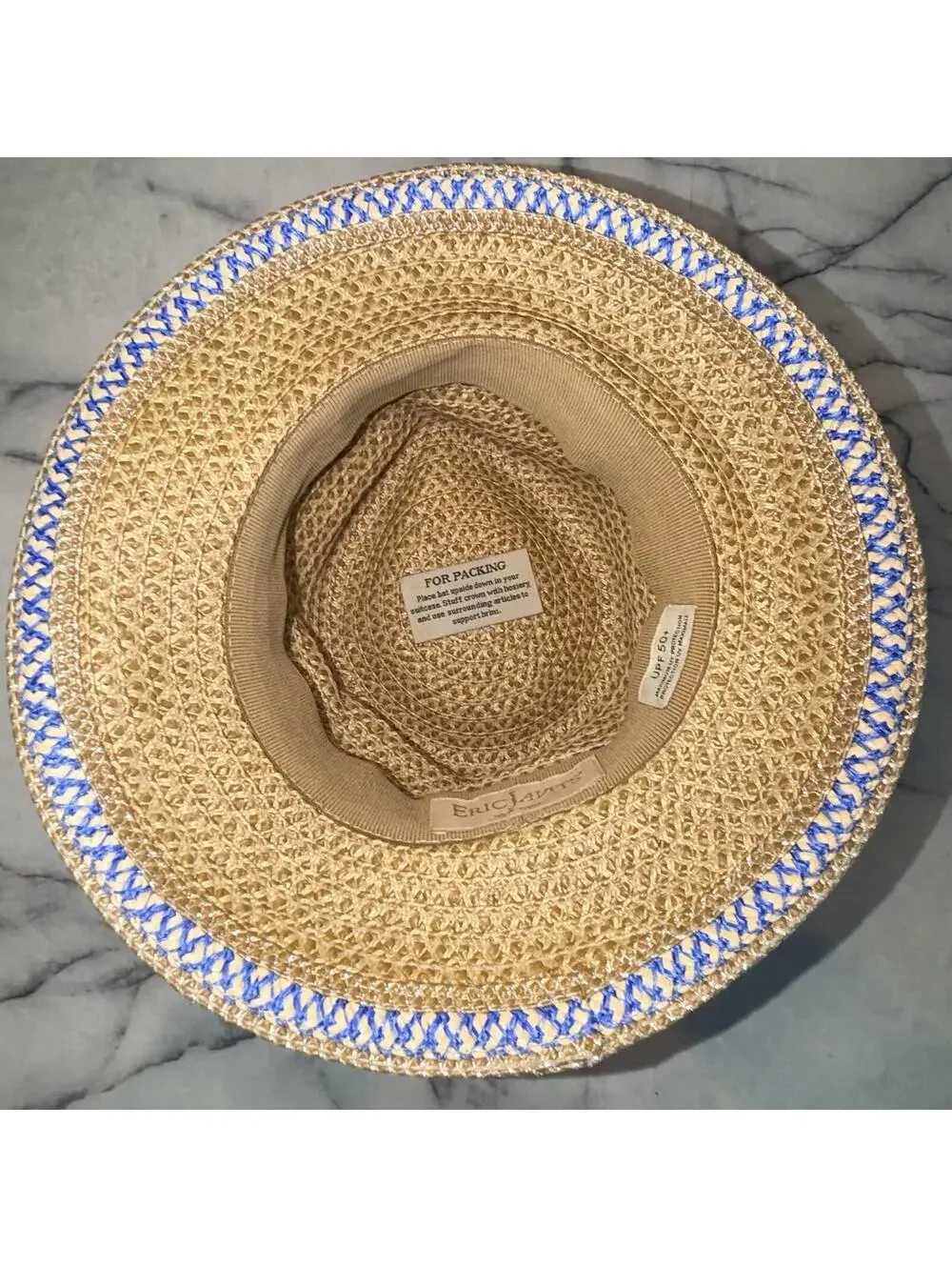 Eric Javits Woven Raffia Straw Hat UPF 50+ Packable Squishee Bucket Beige Blue - Picture 4 of 8